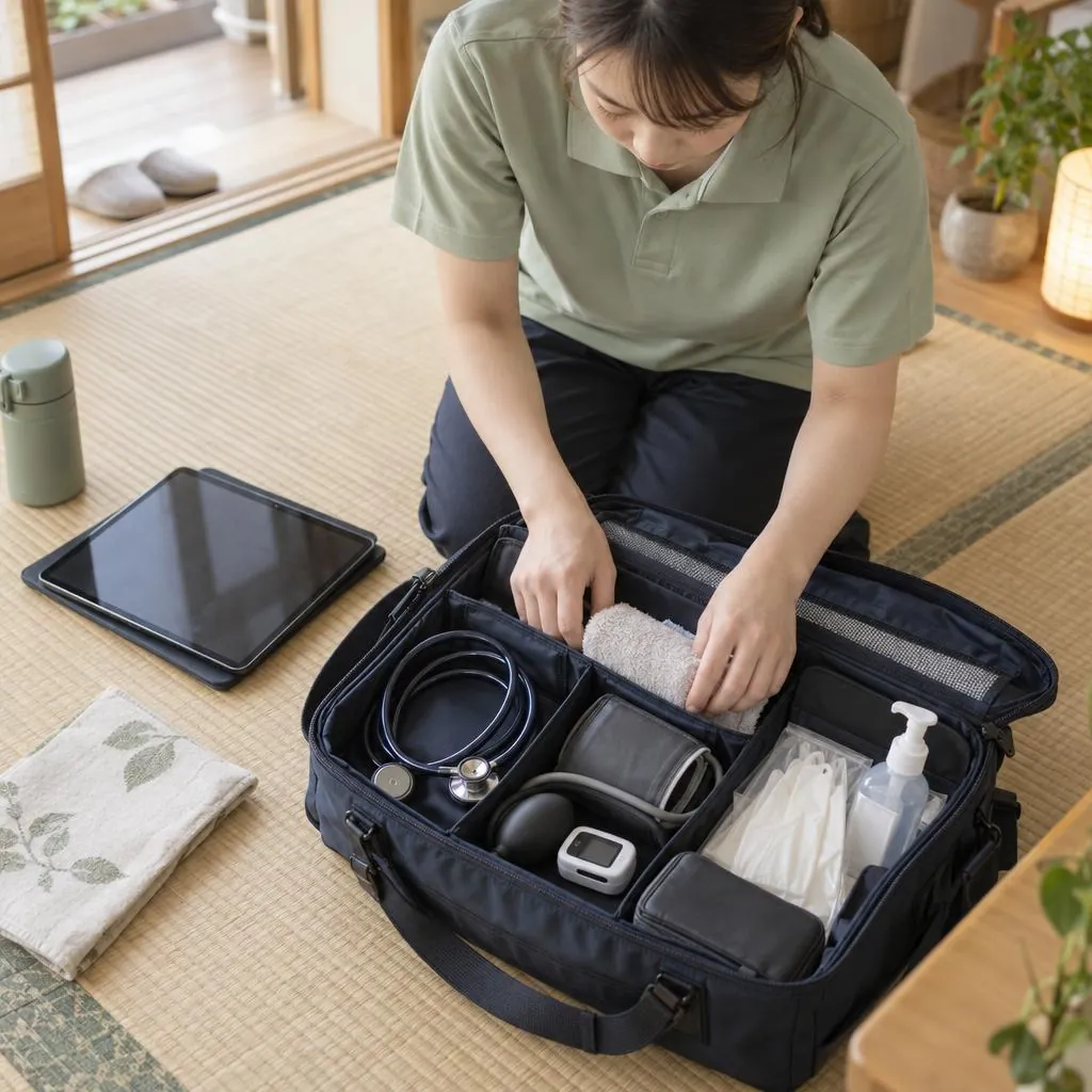 訪問看護のかばんの中身。聴診器・血圧計・手袋など（イメージ）