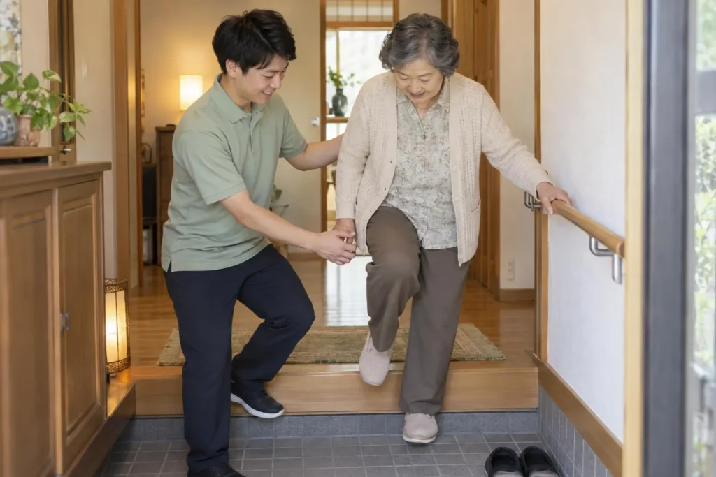 利用者さんの家の玄関で、段差の上り下りの練習を支える理学療法士(イメージ)