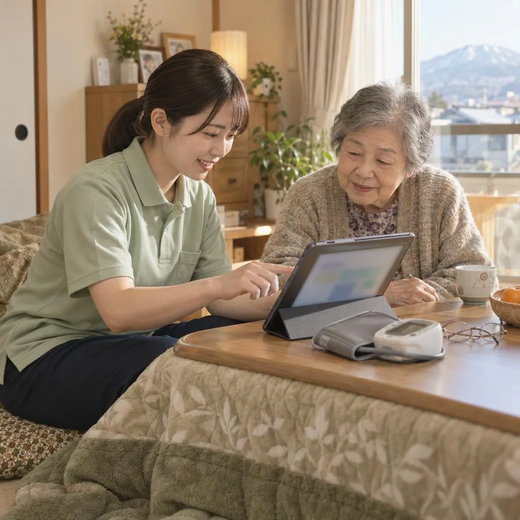 利用者さんの家で、訪問記録をその場で入力する看護師の手元(イメージ)